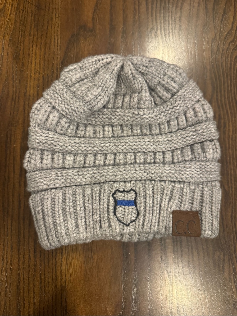 C.C Gray Knit Beanie with Blue Shield Detail